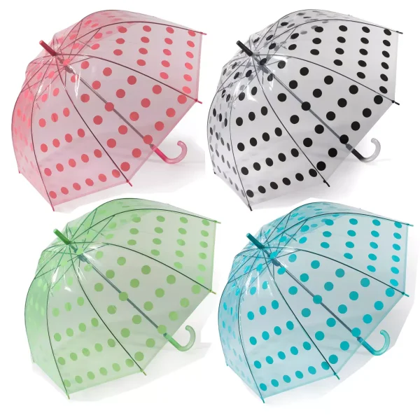 Paraguas largo transparente, en forma de cupula y estampado de topos, apertura manual