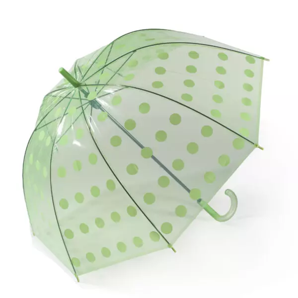 Paraguas largo transparente en forma de cupula y estampado de topos, apertura manual