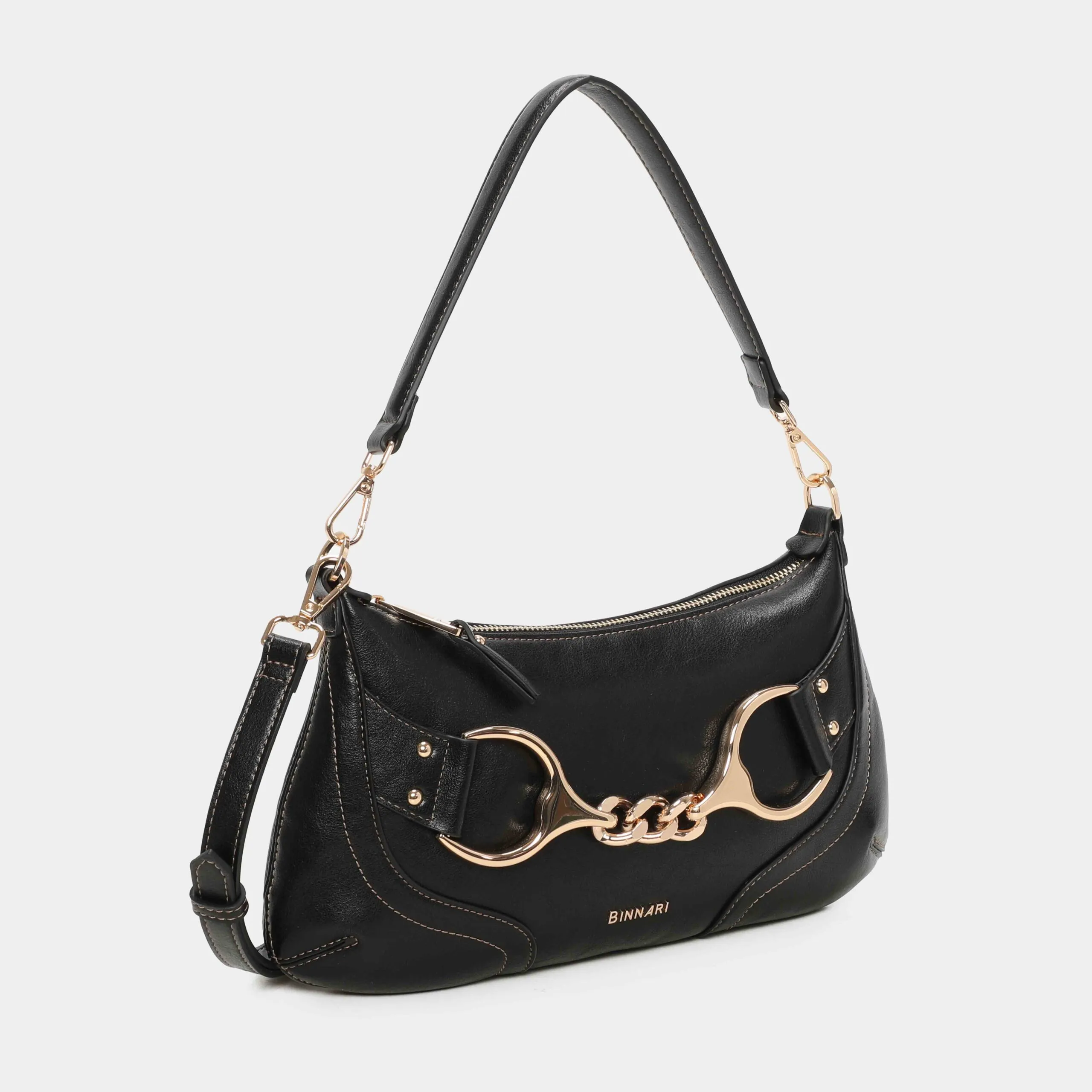 BOLSO MINI FANNY NEGRO.1_12_11zon Bolso muy práctico que se puede llevar tanto como hombro como bandolera, ya que lleva un asa extra en su interior. Los detalles metálicos son de color oro claro . Medidas: 17*33*2
