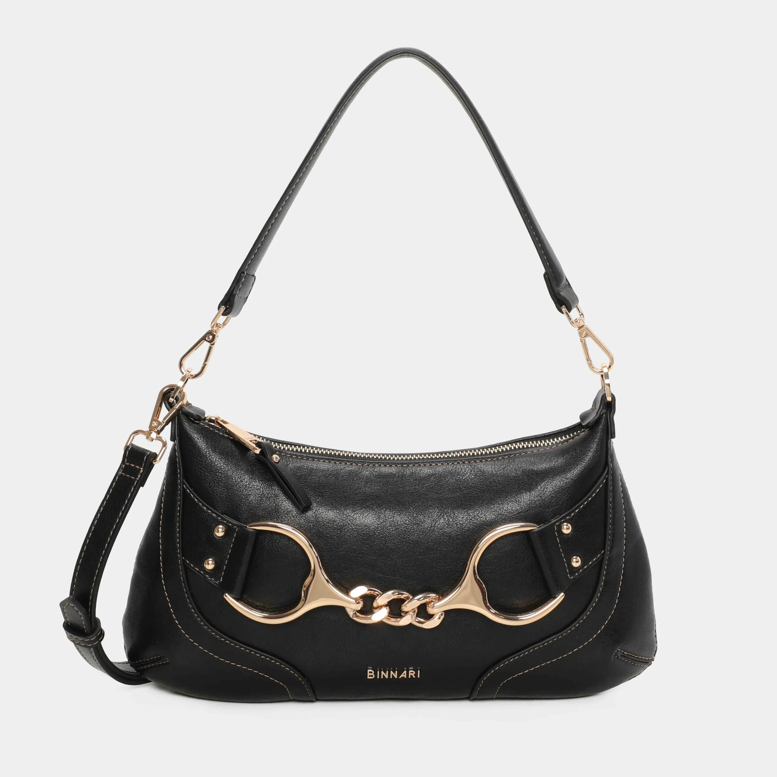 BOLSO MINI FANNY NEGRO_16_11zon Bolso muy práctico que se puede llevar tanto como hombro como bandolera, ya que lleva un asa extra en su interior. Los detalles metálicos son de color oro claro . Medidas: 17*33*2
