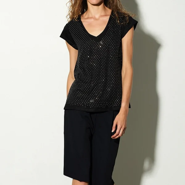 Top con strass, escote pico, strass, diseño recto.