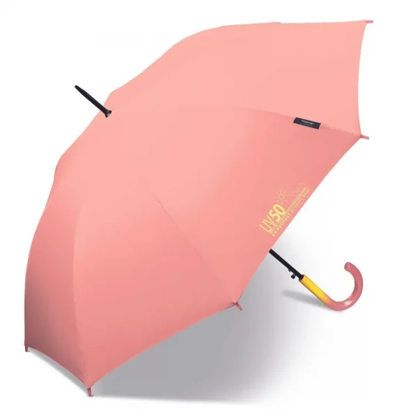 Doble protección, contra lluvia y radiación ultravioleta. Paraguas con apertura automática con tejido libre de PFC con un original mango original. Paraguas de 8 varillas de 61 cm Medidas: 86 cm de largo Diámetro: 105 cm