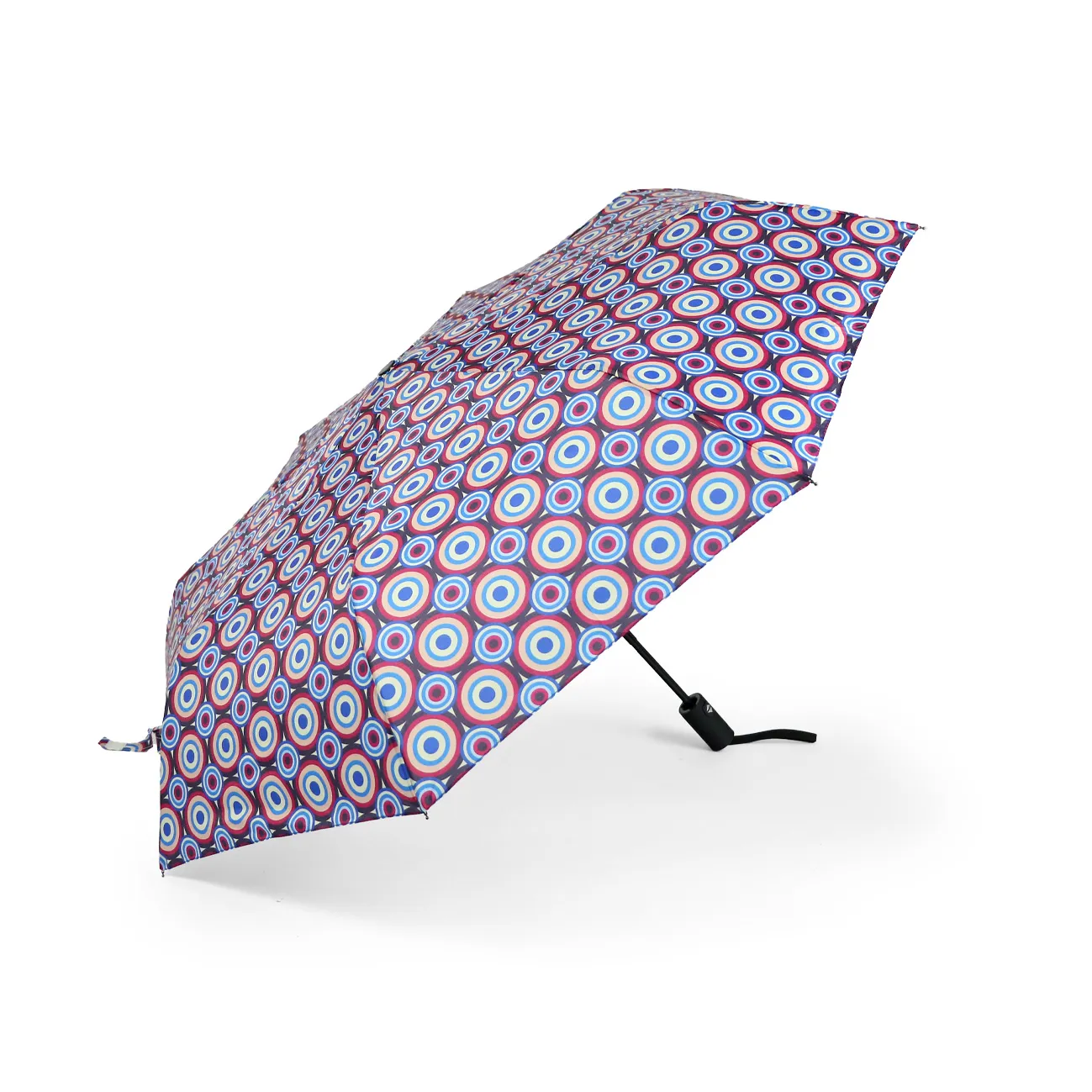 PARAGUAS MINI CIRCULOS MORADO_29_11zon Con apertura abre y cierra automática. Un paraguas con varillas antiviento y con tejido pongee extra resistente al agua. Un paraguas plegable con tres estampados diferentes, práctico y ligero. Paraguas de 8 varillas de 54 cm Medidas plegado: 28 cm de largo Diámetro: 96 cm