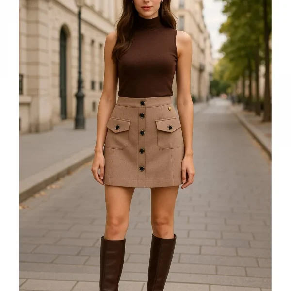 Falda mini en tono beige con botones delanteros y bolsillos decorativos.