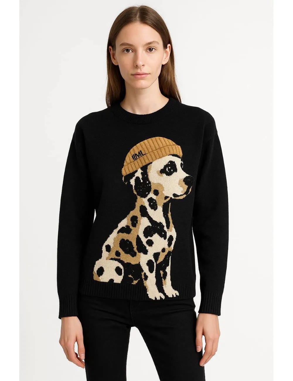 Jersey negro de punto con diseño divertido de dálmata en tonos beige y negro, adornado con detalles de lentejuelas y gorro mostaza. De corte recto y manga larga, aporta un toque juvenil y moderno ideal para looks casuales con estilo.