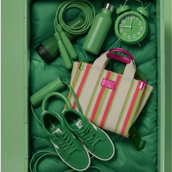 Este bolso tipo tote está diseñado en una lona gruesa de líneas de color, un tejido resistente y con un aire fresco perfecto para la temporada. La colección combina siempre el verde con tonos vivos  rosa fucsia, creando un contraste vibrante y muy identificable. El tote incluye asitas de mano para llevarlo de forma cómoda y una correa larga que permite usarlo también como bolso bandolera, adaptándose a cualquier plan del día. Los detalles metalizados aportan un acabado moderno y un punto de brillo que equilibra el estilo casual del tejido. Cuenta con cremallera superior, ideal para mantener tus cosas siempre seguras y bien organizadas. Es amplio, práctico y muy ligero, perfecto para uso diario, oficina o escapadas de verano. Medidas: 25*22*10